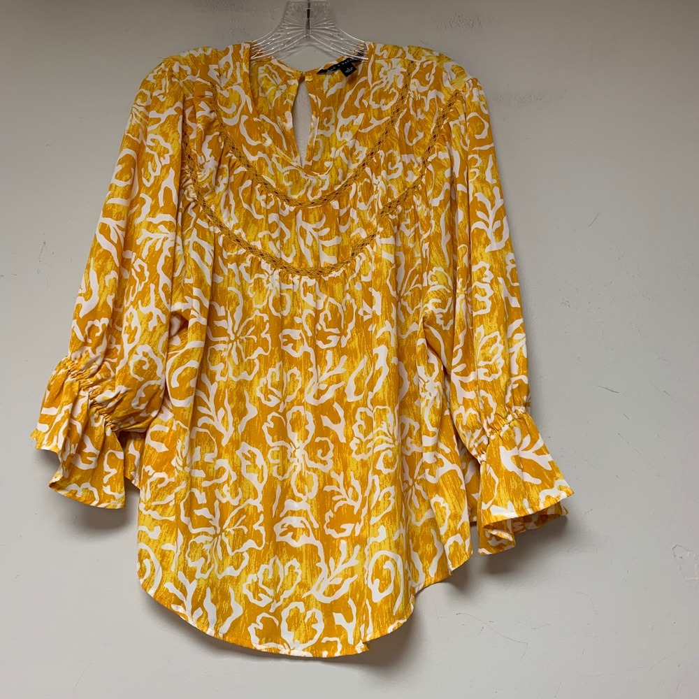 Zac & Rachel Blouse Womens Large Yellow Floral Excellent Boho Ruffle Sleeve
